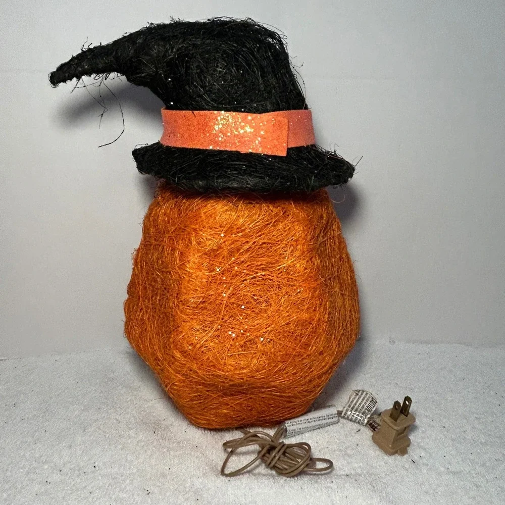 Halloween Lighted Spun String Pumpkin Jack-O-Lantern with Witch Hat Decoration